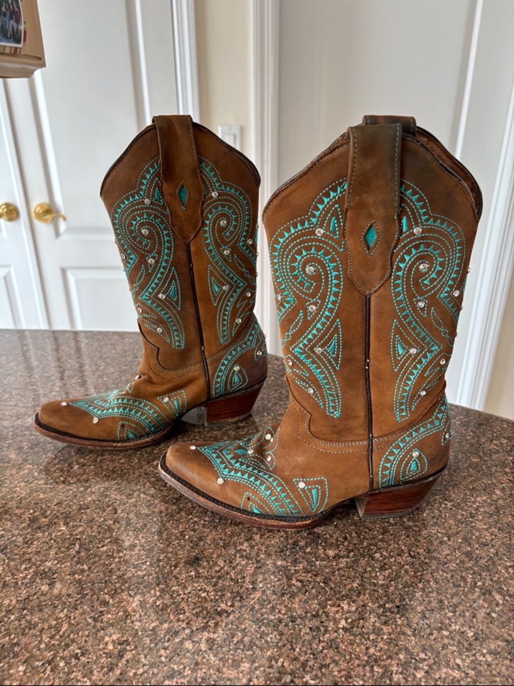 Legacy Ladies Brown Suede Western Boots Turquoise Embroidery Crystals-7.5